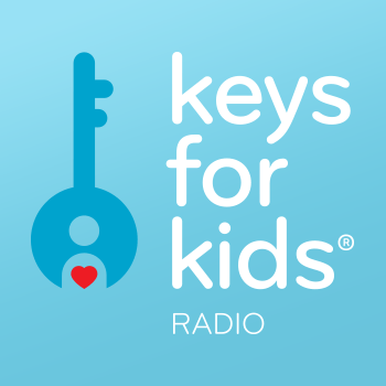 Logo for Keys for Kids Radio featuring a key with a red heart shape and the text 'keys for kids RADIO' in white on a blue background.