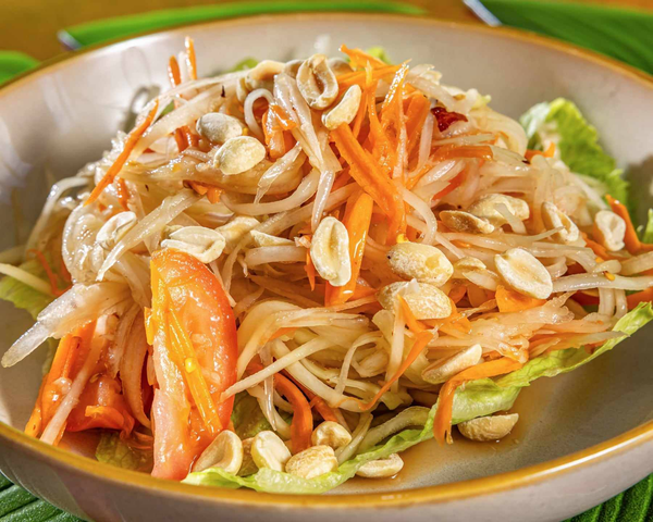 A bowl of Asian-style salad with shredded carrots, bean sprouts, lettuce, tomato slices, sunflower seeds, and crushed peanuts. Kaia's Kitchen Harristown