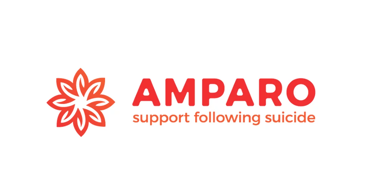 Amparo logo with a stylized flower and the slogan 'support following suicide' in red text.