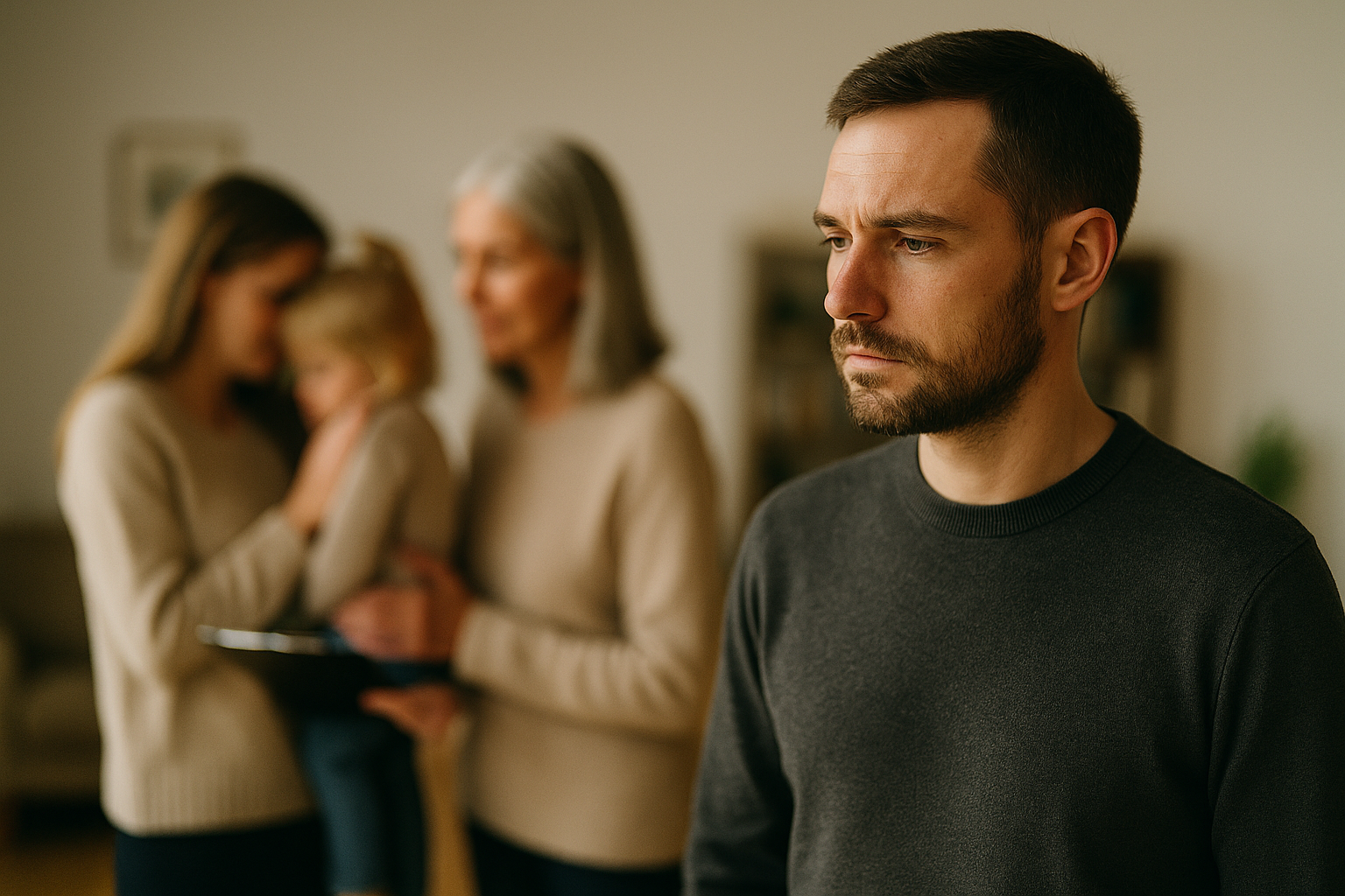 A young man with a serious expression, standing apart from a blurred background of three women, including an elderly woman, in a living room.