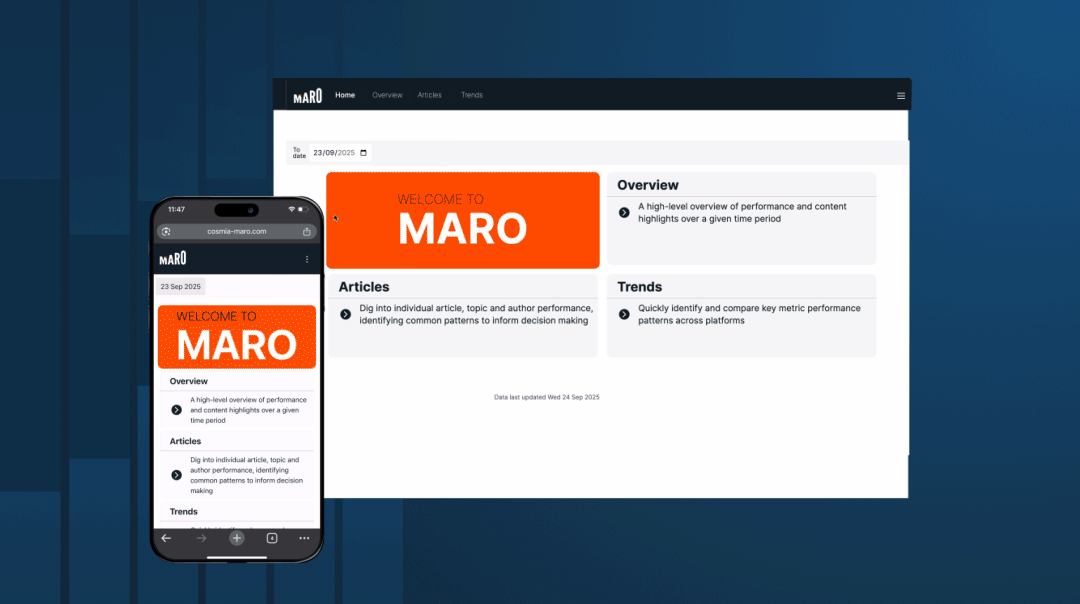 Screenshot of a website displayed on a desktop monitor and smartphone showing the MARO platform with sections for overview, articles, and trends, and an orange banner with white text that says "WELCOME TO MARO".