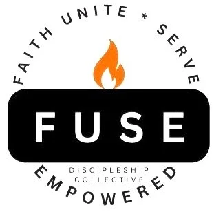 Faith United Serve Fuse Embraced Discipleship Collective logo with a flame symbol above the word 'FUSE' in bold letters.