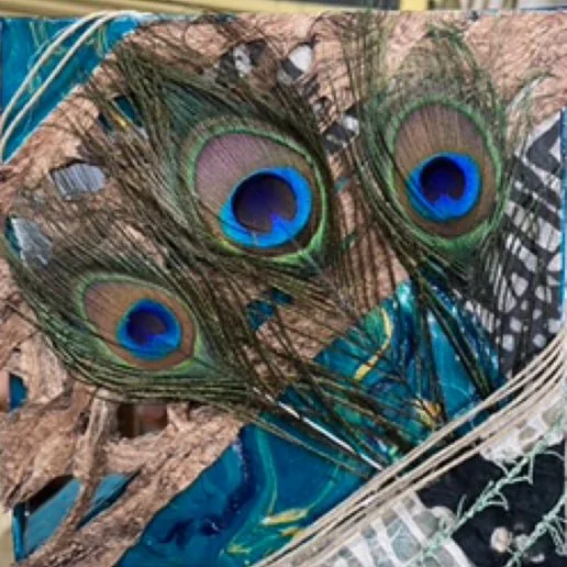 Close-up of peacock feathers with vibrant blue and green eye patterns.