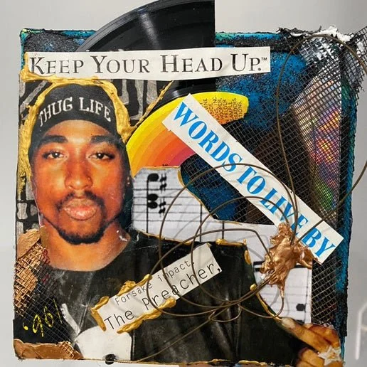 Mixed media collage featuring a portrait of a man wearing a headband that says 'JUG LIFE,' various stickers and torn paper with phrases like 'KEEP YOUR HEAD UP' and 'WORDS TO LIVE BY,' a rainbow graphic, a vinyl record, and other abstract elements.