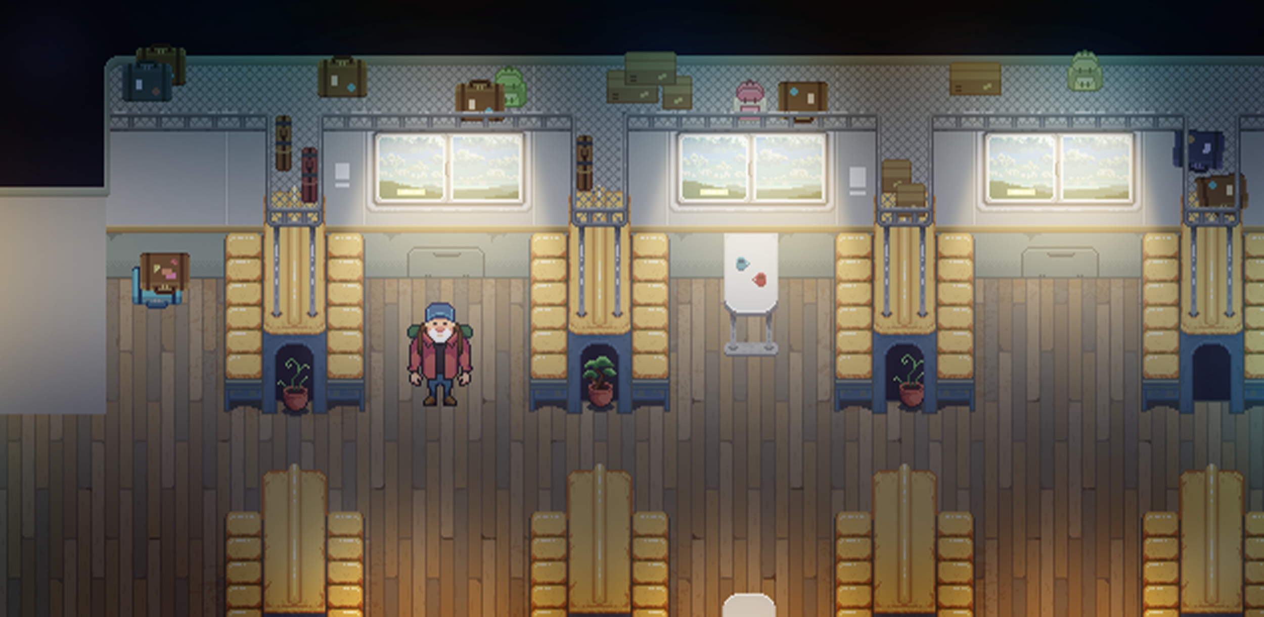 Pixel art indoor scene of a classroom with wooden floors, isolated cubicles, potted plants, windows on the back wall, and hanging luggage items. Three cubicles with beds, a stationary figure of an old person with a blue hat and pink jacket, and a teaching model with colored balls nearby.