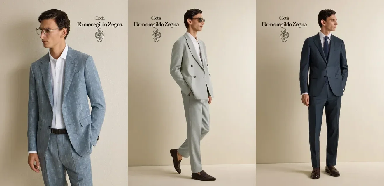 Custom suits by a Houston tailor in Zegna cloth, chalk-stripe, sage double-breasted, and navy