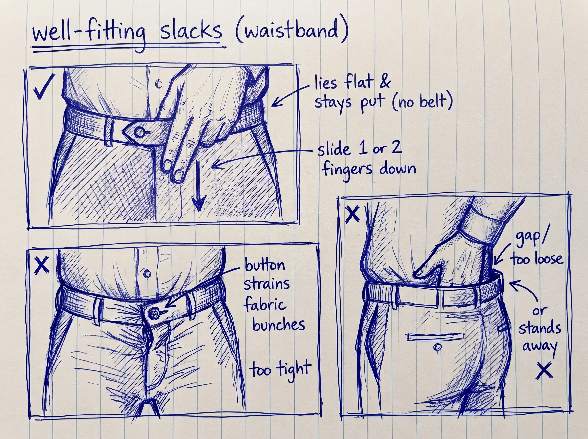How slacks should fit at the waist