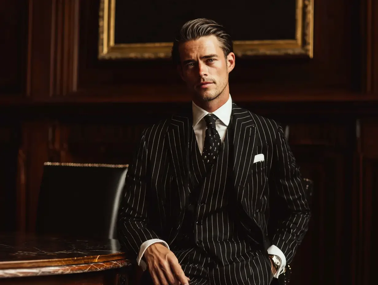 Men's black and white striped suits created in Houston