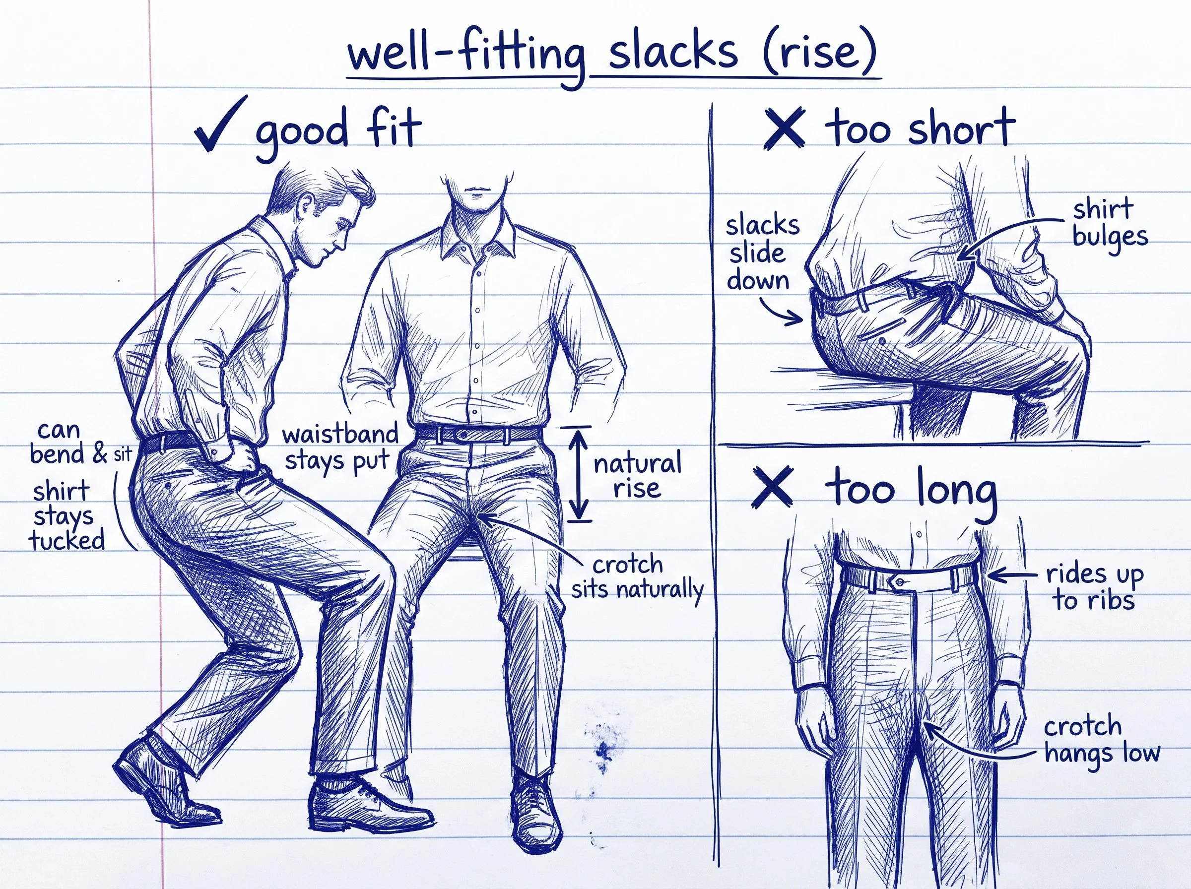 How the rise should look for well-fitted slacks