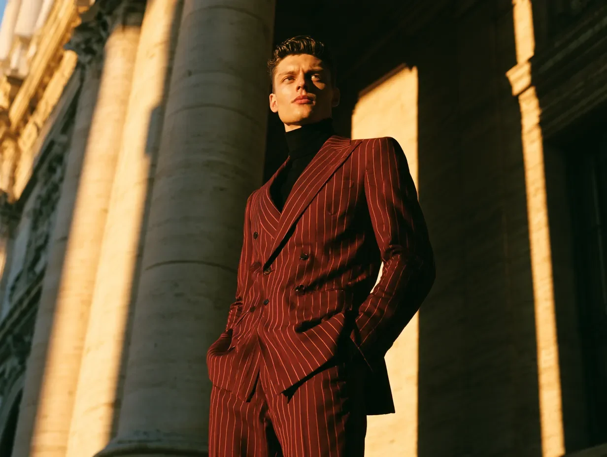 Bespoke red pinstripe suits created in Houston