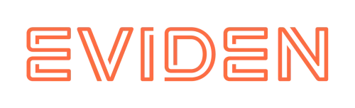 Le mot 'EVIDEN' écrit en lettres orange avec un effet en 3D.