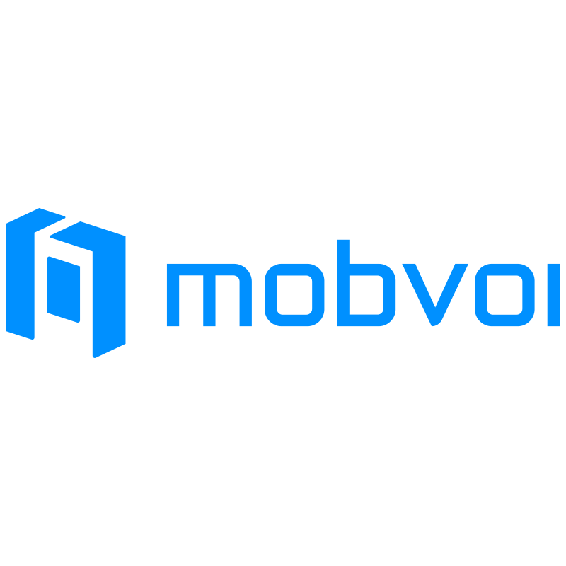 Logo de Mobvoi avec un symbole en forme de M stylisé en bleu et le nom 'mobvoi' en lettres minuscules bleues