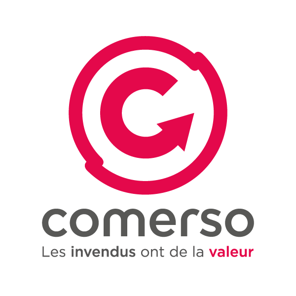 Logo rose avec un cercle, une flèche dans le sens des aiguilles d'une montre, et un G majuscule à l'intérieur, sous le texte 'comerso' en gris avec la phrase 'Les invendus ont de la valeur' en noir et rose.