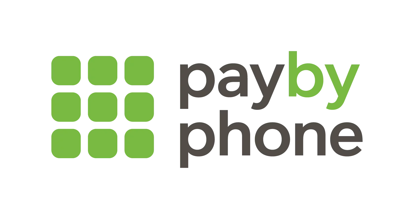 Logo avec une grille de neuf blocs verts et le texte 'pay by phone' en noir et vert.