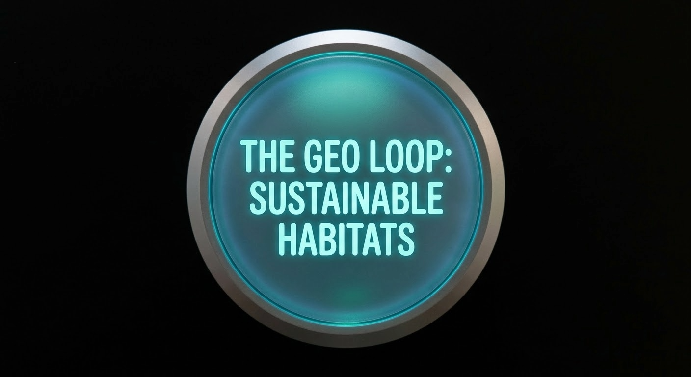 A circular illuminated sign displays the text: 'The GEO Loop: Sustainable Habitats' in light blue against a dark background.