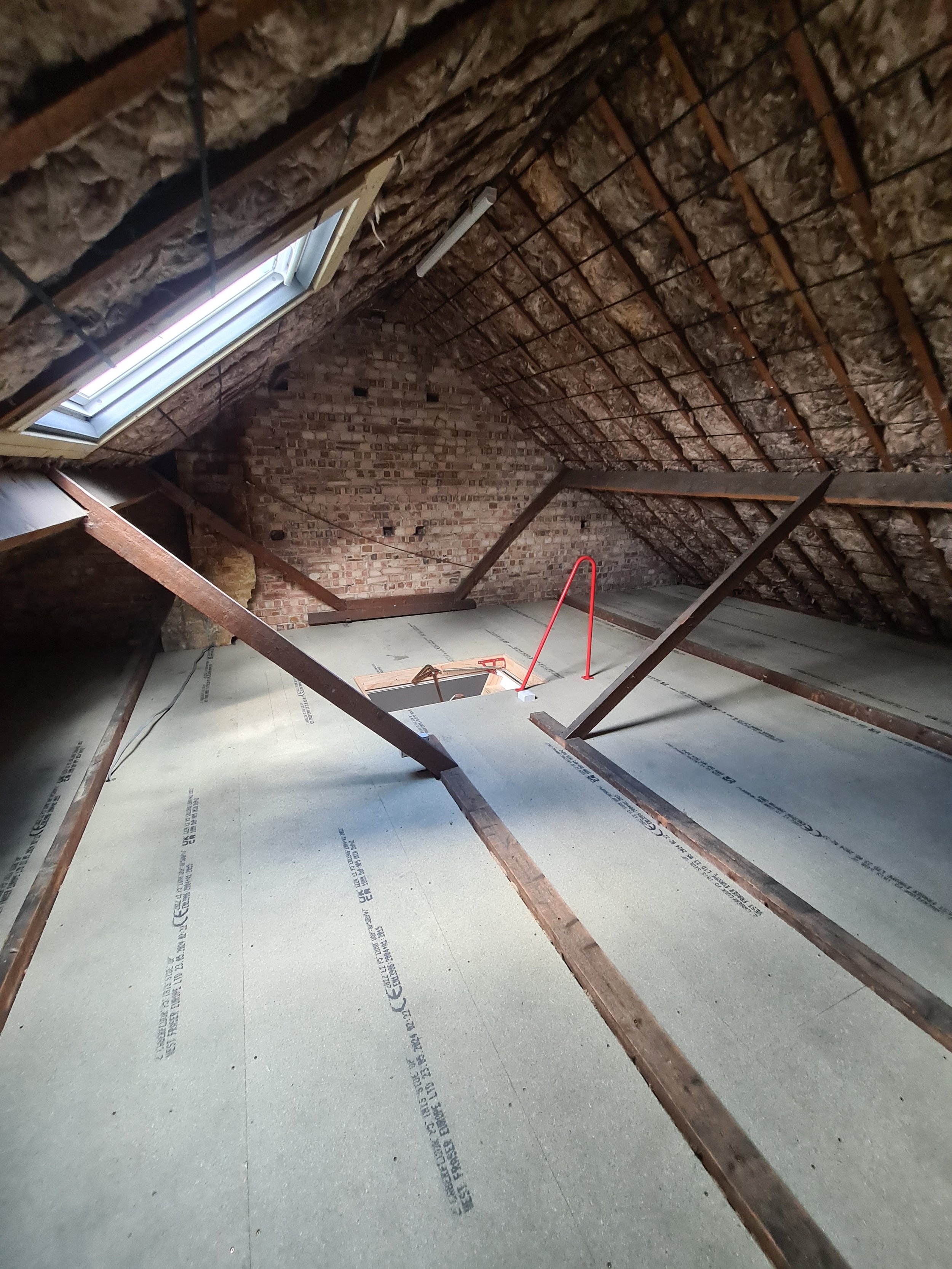 Attic space with exposed roof framing, skylight window, insulation, and a red safety handle near an attic hatch.