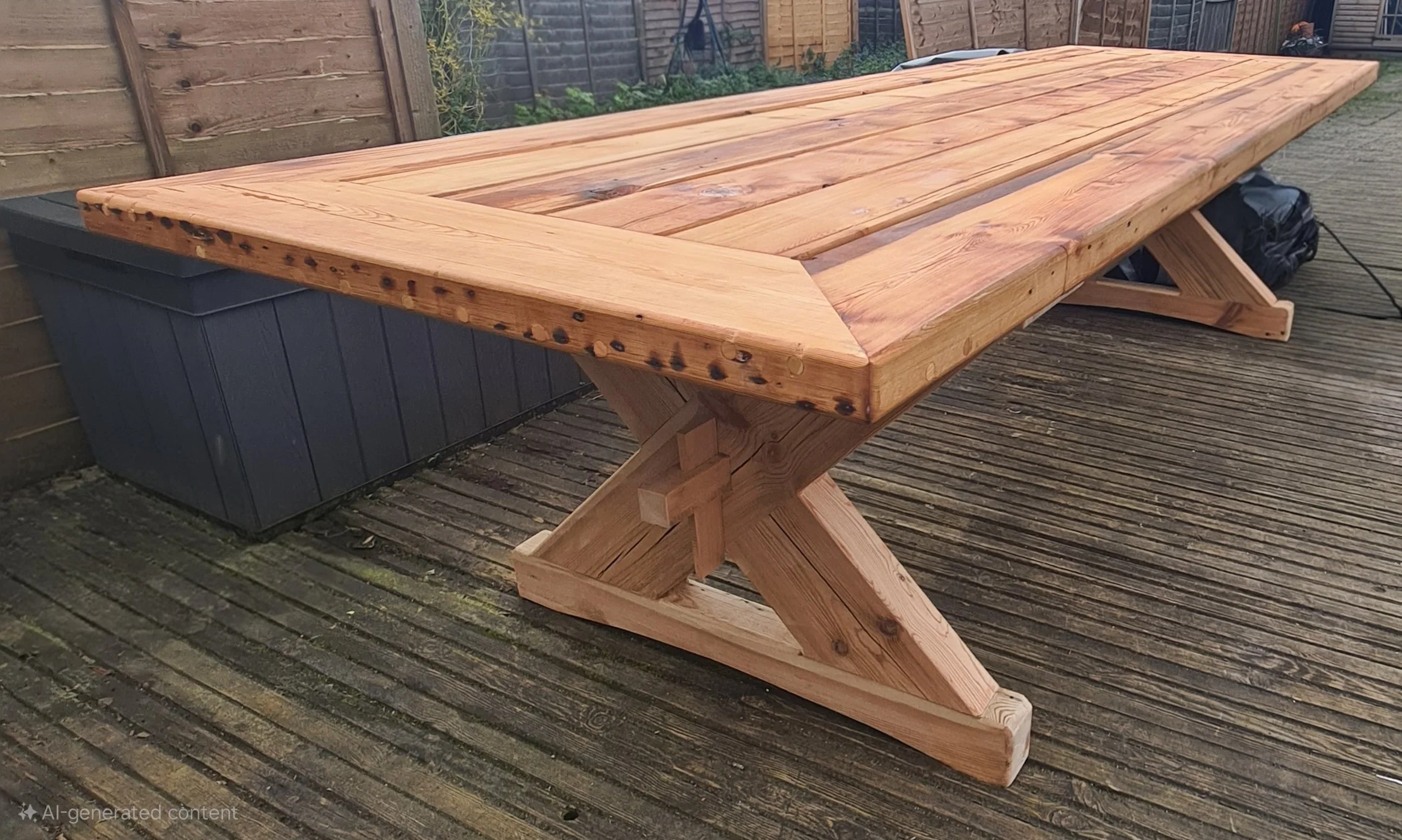 A large wooden outdoor table with a thick planked top and sturdy, angled cross-legged supports, situated on a wooden deck in a backyard.