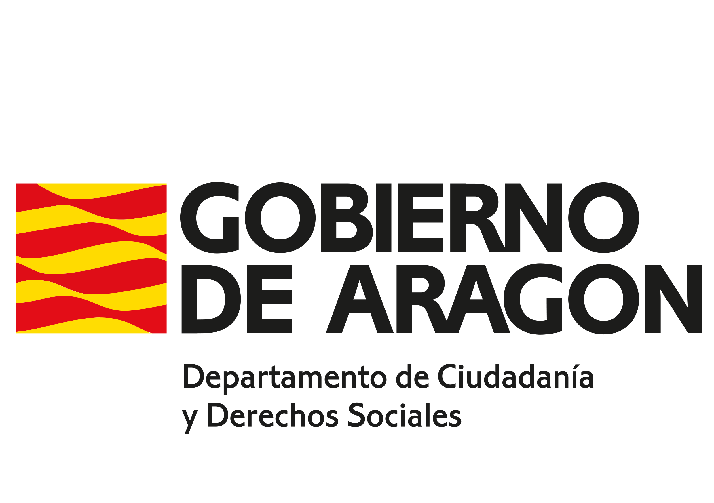 Logotipo del Gobierno de Aragón, Departamento de Ciudadanía y Derechos Sociales con un símbolo de ondas rojas y amarillas.