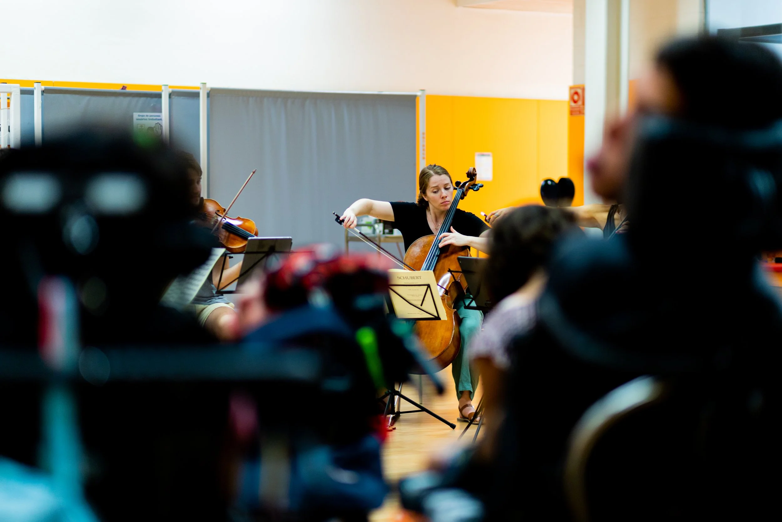 Grupo de músicos tocando instrumentos de cuerda, incluyendo violines y chelo, en una sala de ensayos o concierto.