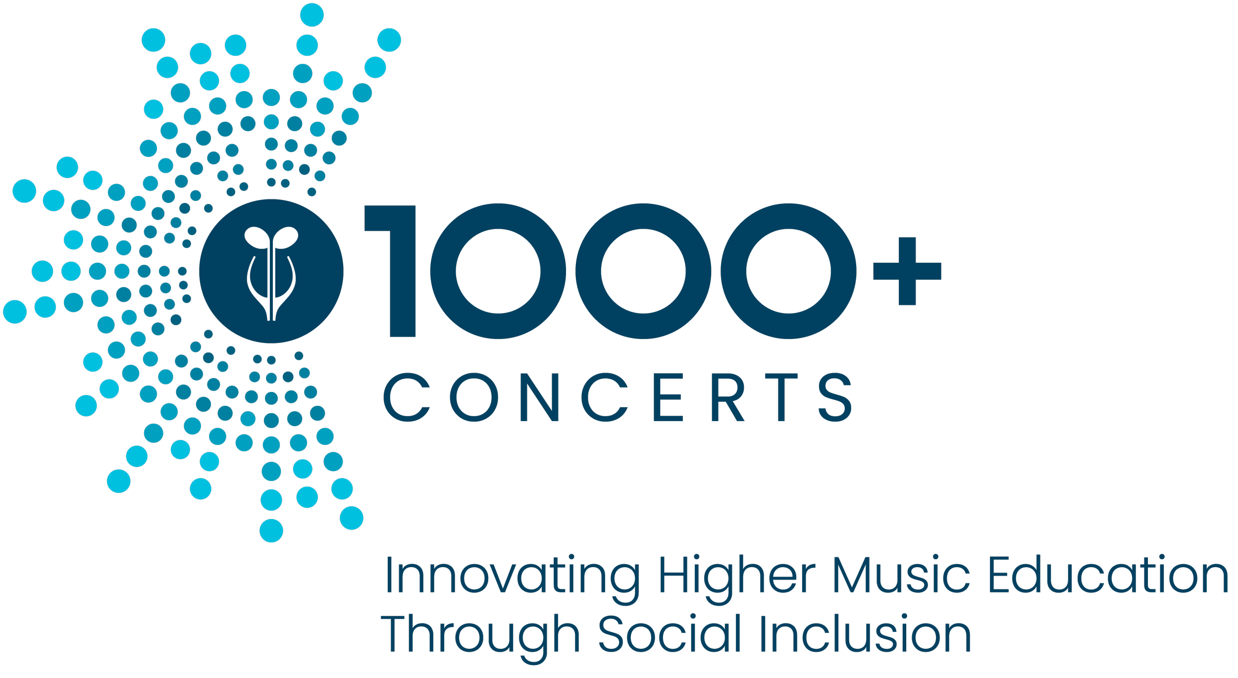 Logo con texto que dice '1000+ Conciertos' y 'Innovando la educación musical a través de la inclusión social' sobre un fondo blanco