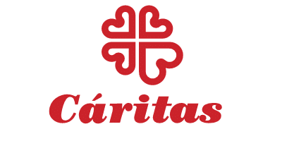 Logotipo de Cáritas con símbolo de corazón en forma de cruz y texto en color burdeos