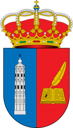 Escudo de armas dividido en dos partes: en la izquierda, una torre blanca sobre fondo azul; en la derecha, un libro abierto y una pluma sobre fondo rojo, con una corona real en la parte superior.