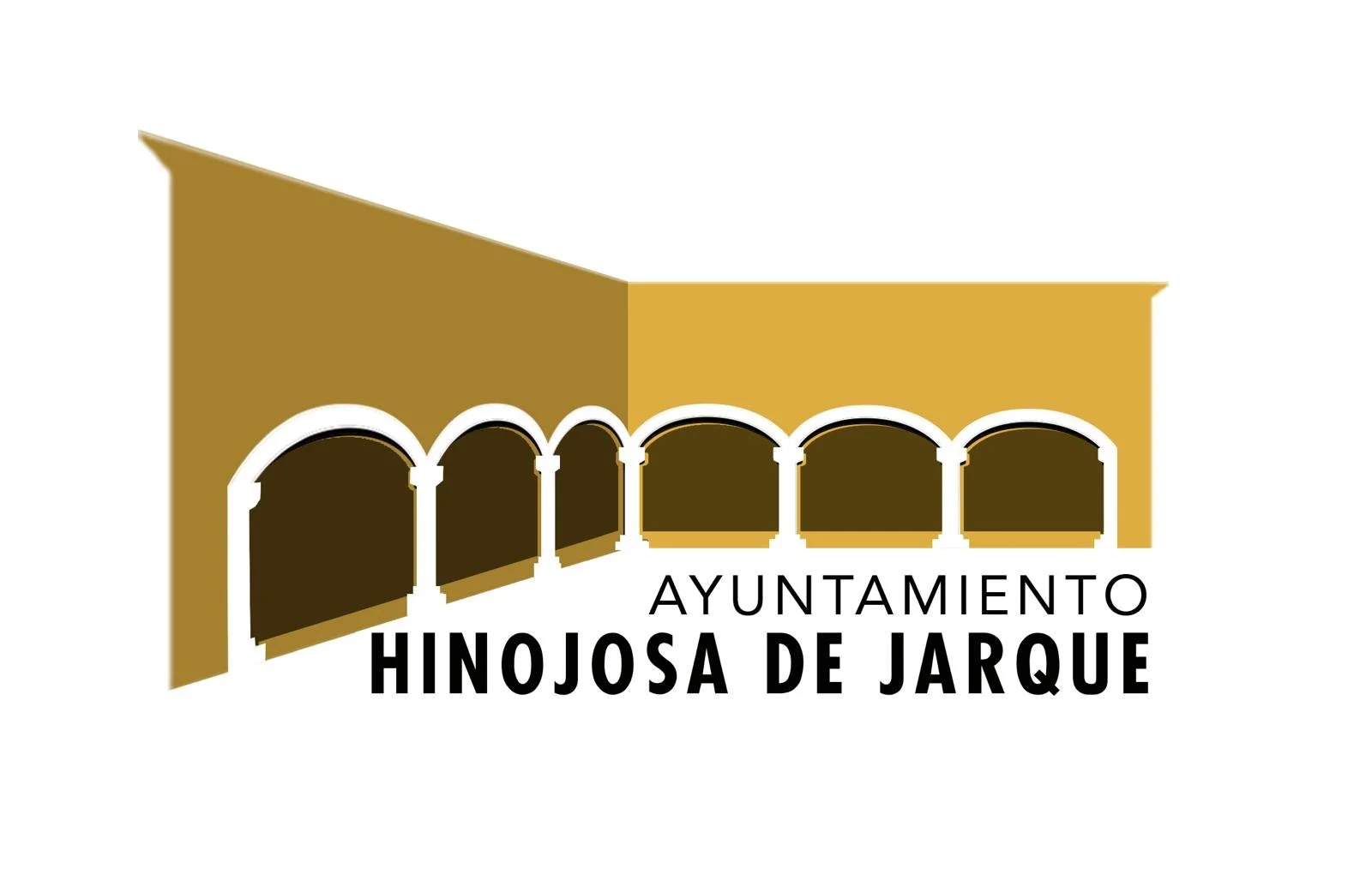 Logotipo del ayuntamiento de Hinojosa de Jarque, con un diseño que incluye arcos y estructuras en tonos dorados y negros.