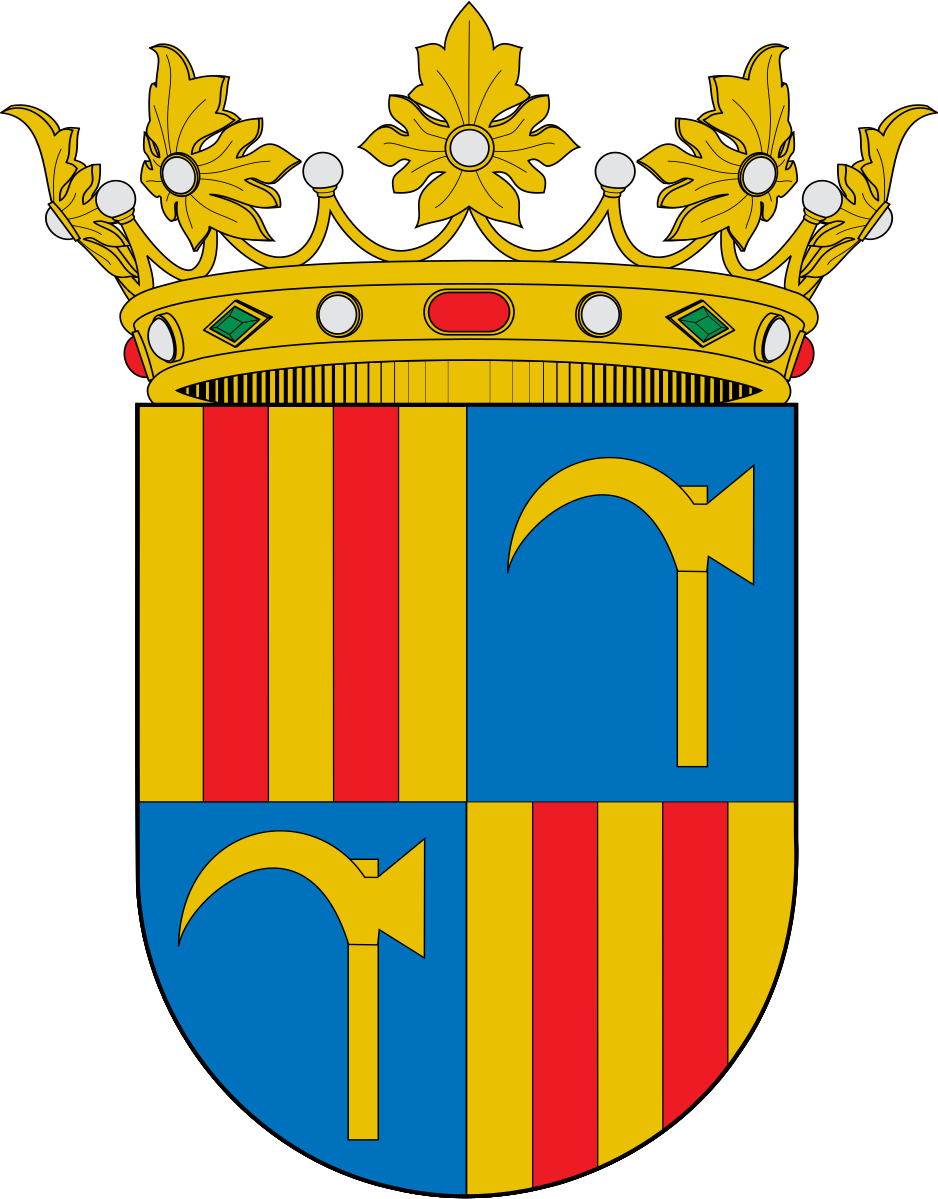 Escudo de armas con una corona dorada en la parte superior, dividido en cuatro partes con diseños en azul y amarillo, y barras rojas y amarillas.