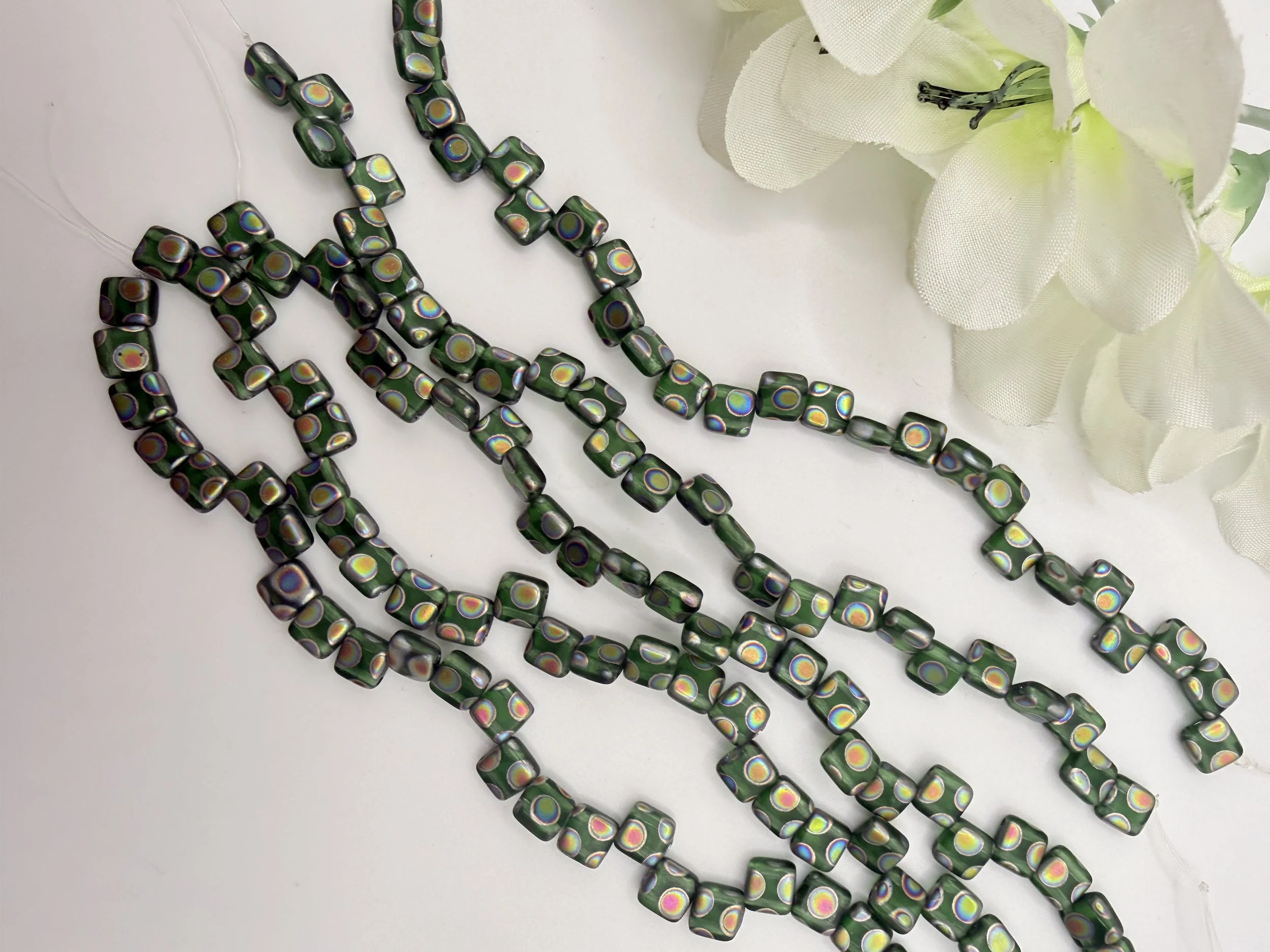 Peacock Czech Glass 2-Hole Square Beads | 6mm