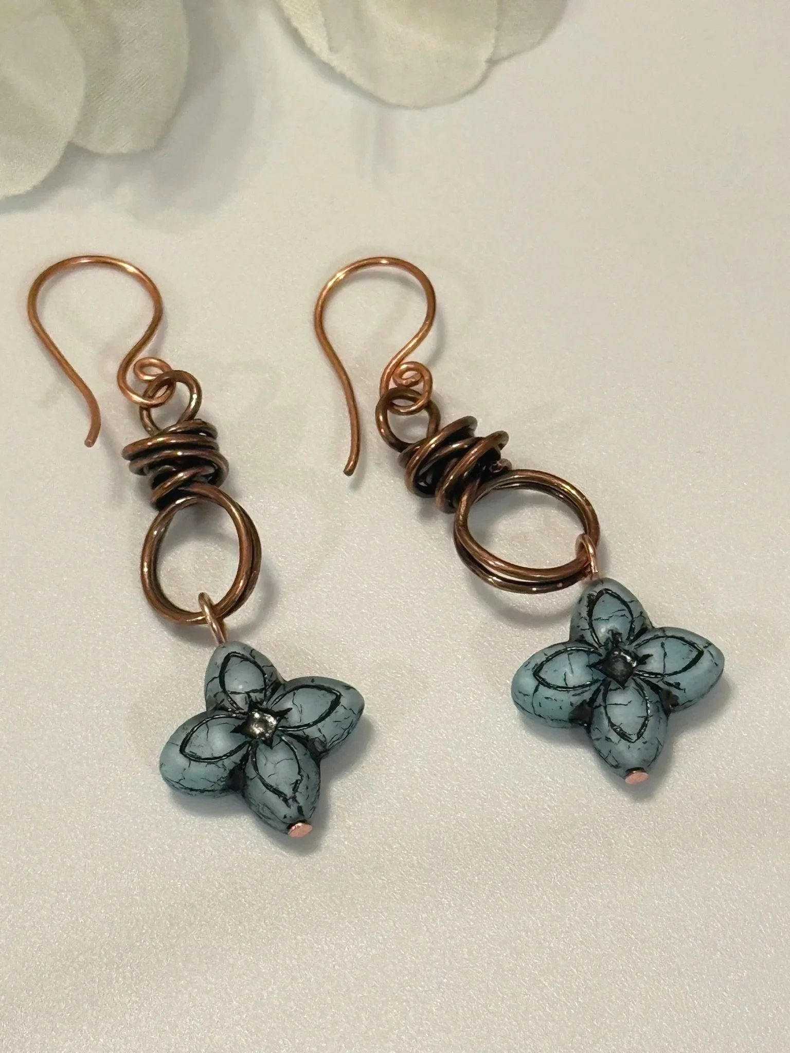 Copper Garden Czech Glass Flower Earrings – Handcrafted Wire-Wrapped Design