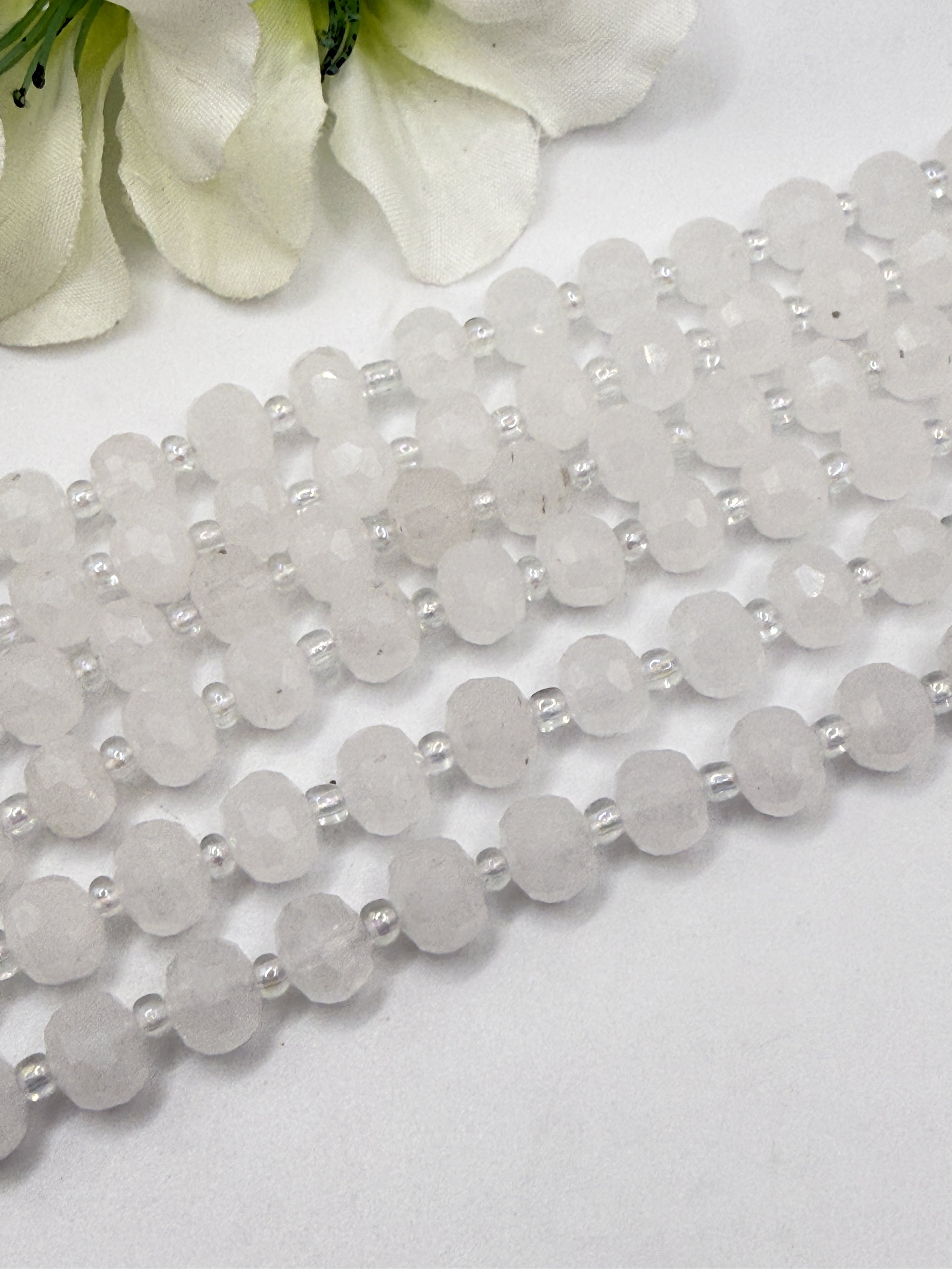 Frosted Winter White Jade Faceted Rondelle Beads - 8mm Strand