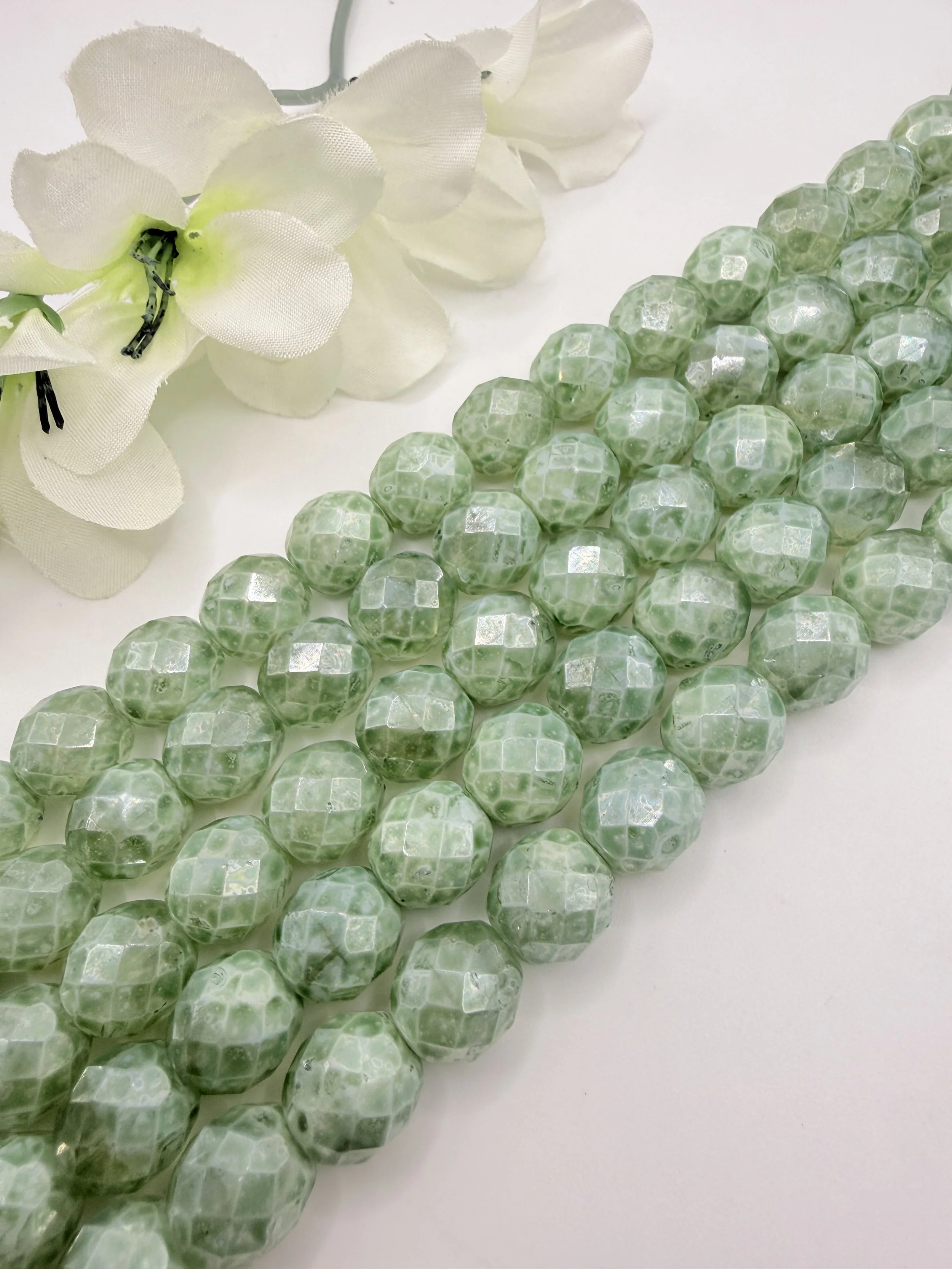 Sage Green Luster Czech Fire-Polished Beads | 12mm