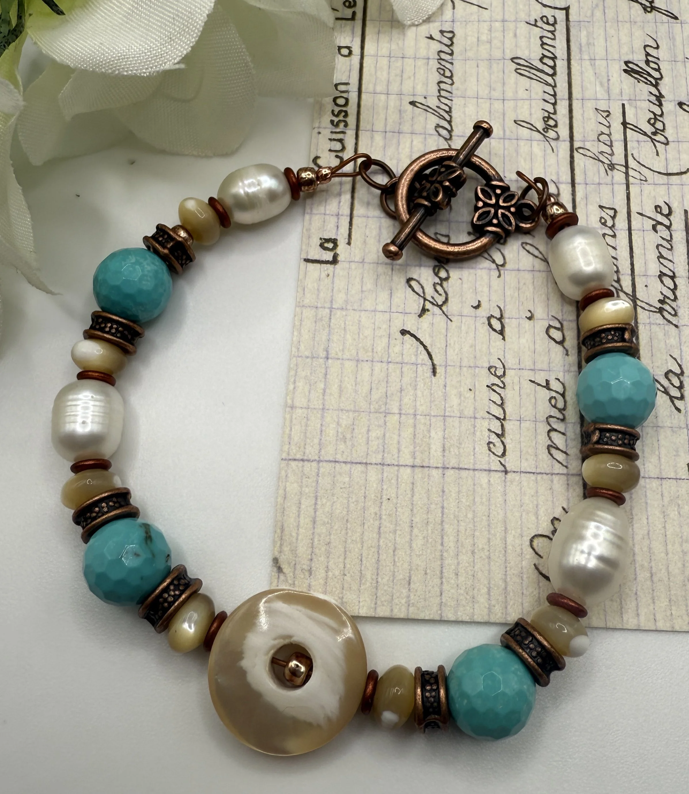 Earthy Boho Turquoise & Pearl Bracelet