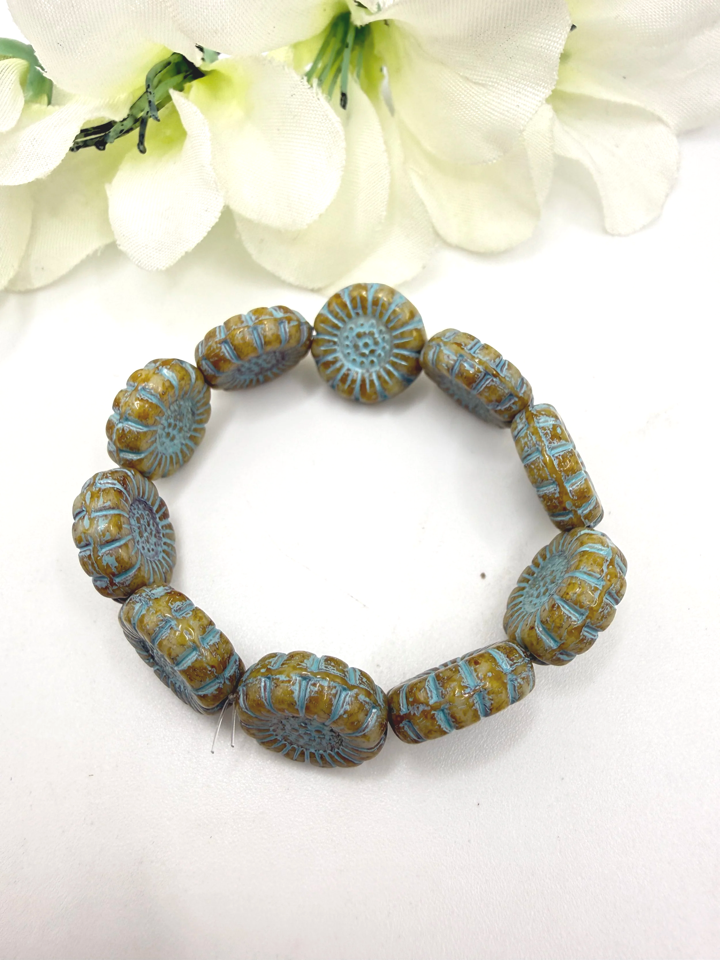 Rustic Turquoise & Honey Czech Glass Sunflower Beads – 13mm (10 Pieces)