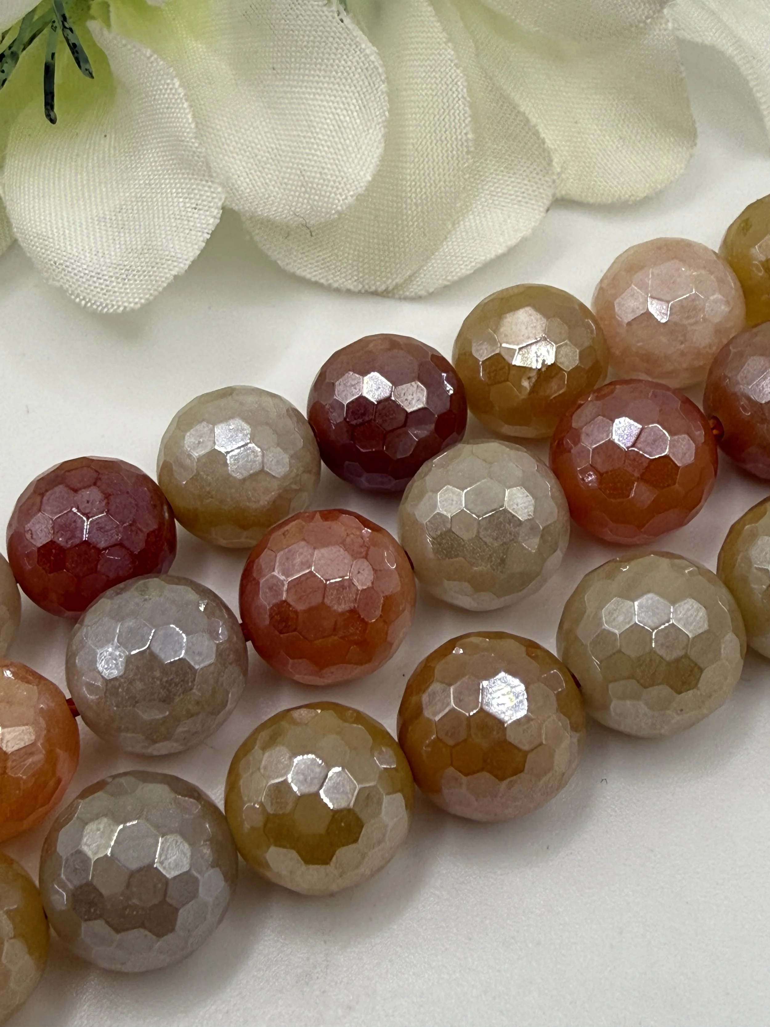 Autumn Glow AB Coated Moonstone Beads – 10mm Faceted Rounds – 15-Inch Strand