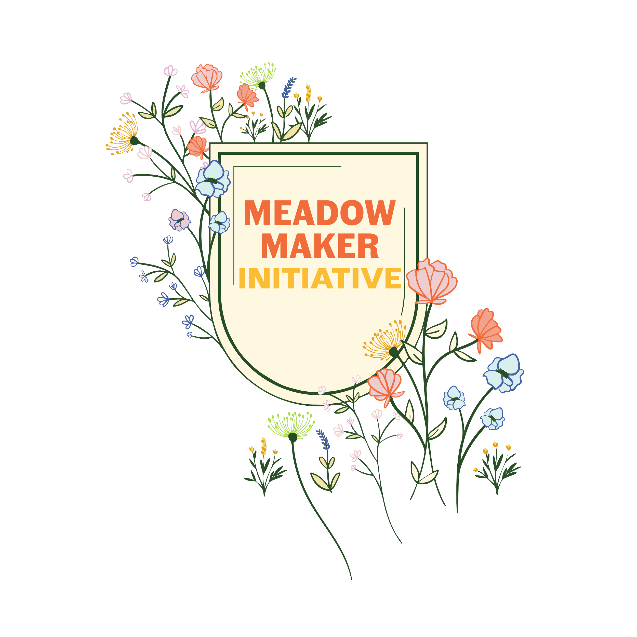 Illustration of a logo with a shield shape surrounded by colorful wildflowers, featuring the text 'Meadow Maker Initiative' in bold letters.