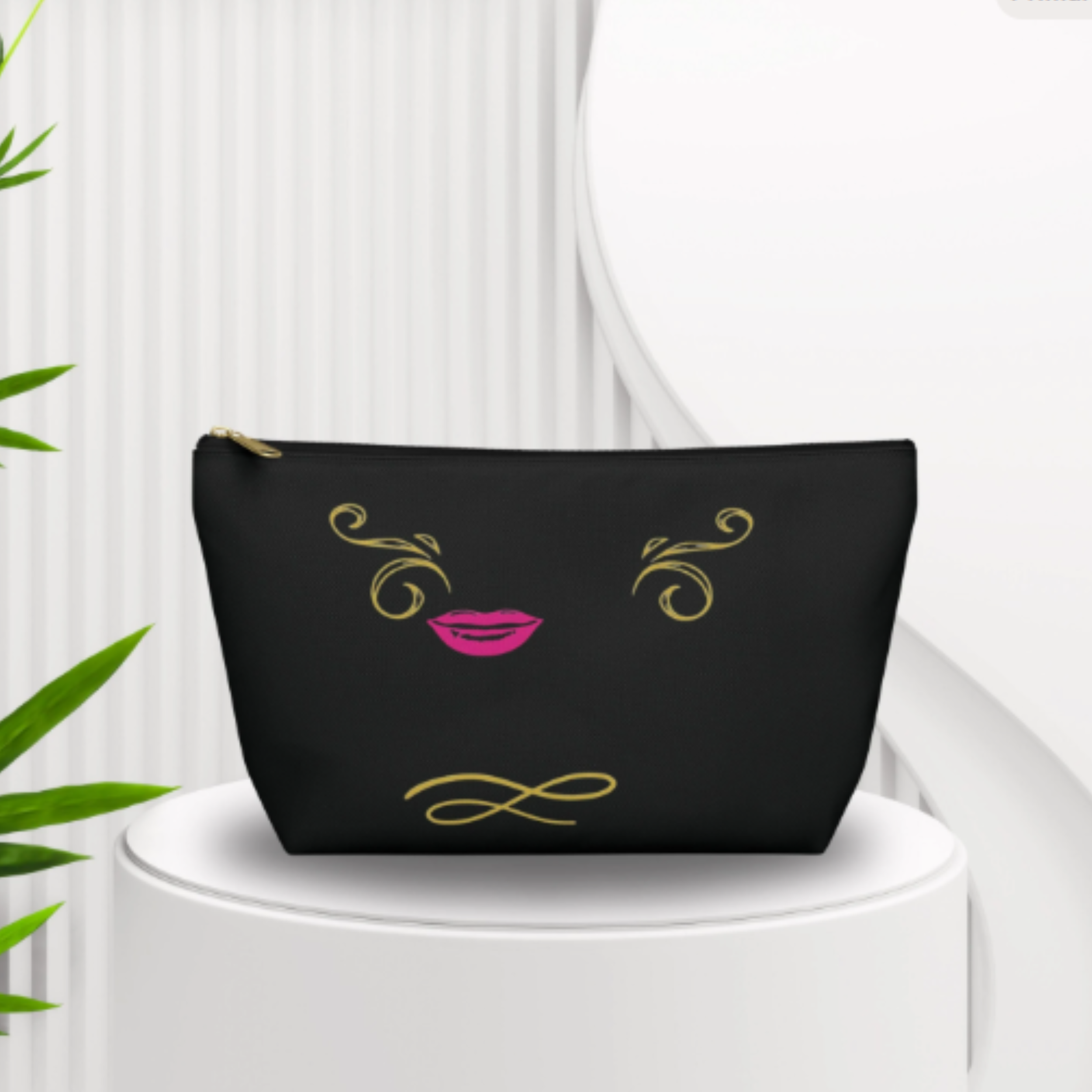 Pretty With an Attitude – Black Makeup & Cosmetic Bag With Pink Lips and Gold Flourish Design