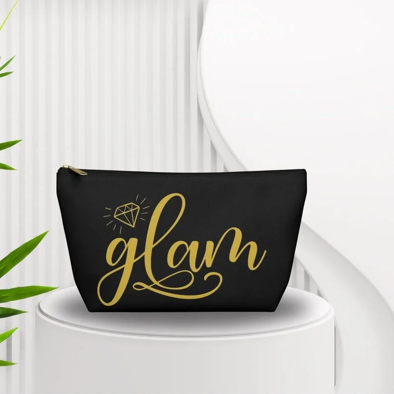 Glam Cosmetic Bag – Black Makeup Organizer with Gold Script | Travel Toiletry Pouch | Beauty Accessory Case