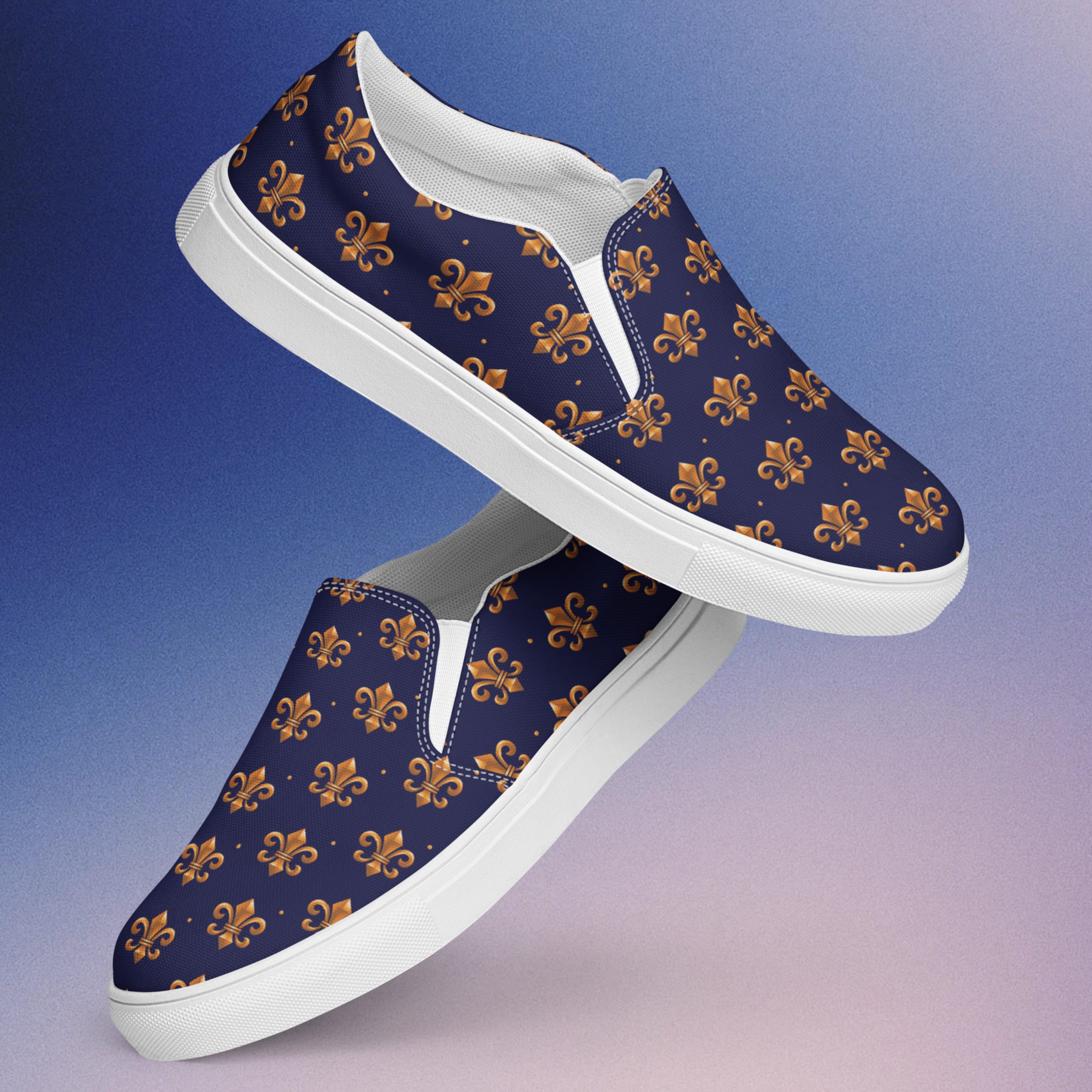 Fleur Play – Men’s Navy & Brown Fleur-de-Lis Slip-On Shoes