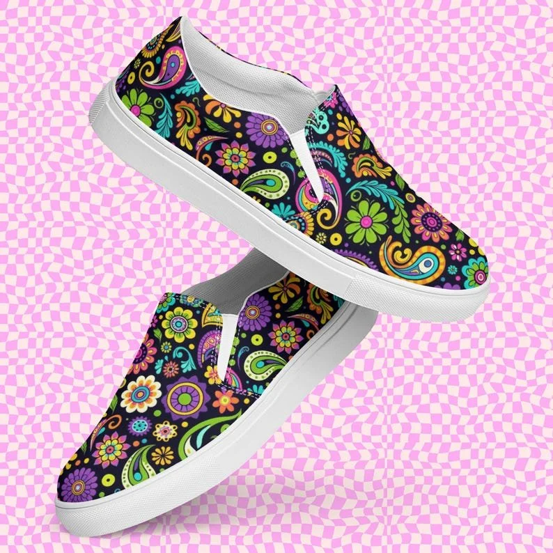 Flower Power Hour – Women's Retro Floral Slip-On Canvas Shoes