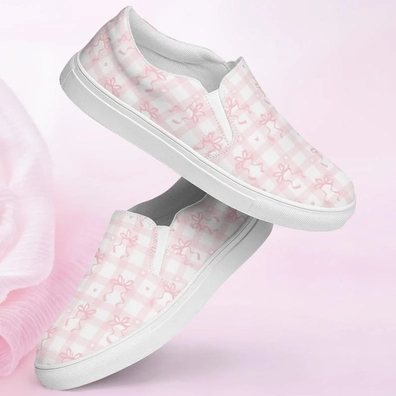 🎀 Bow Me Away – Women's Pink Gingham Slip-On Canvas Shoes
