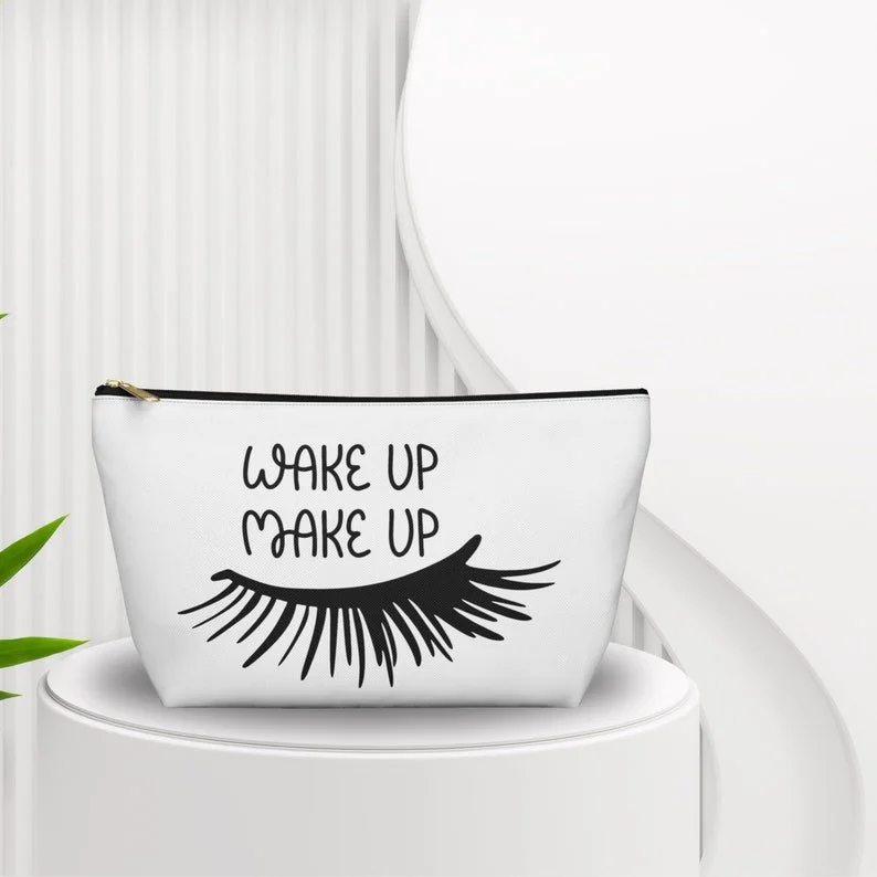 Wake Up Make Up Cosmetic Bag | Funny Makeup Pouch | Lash Print Travel Toiletry Bag | Beauty Organizer | Makeup Accessory Case