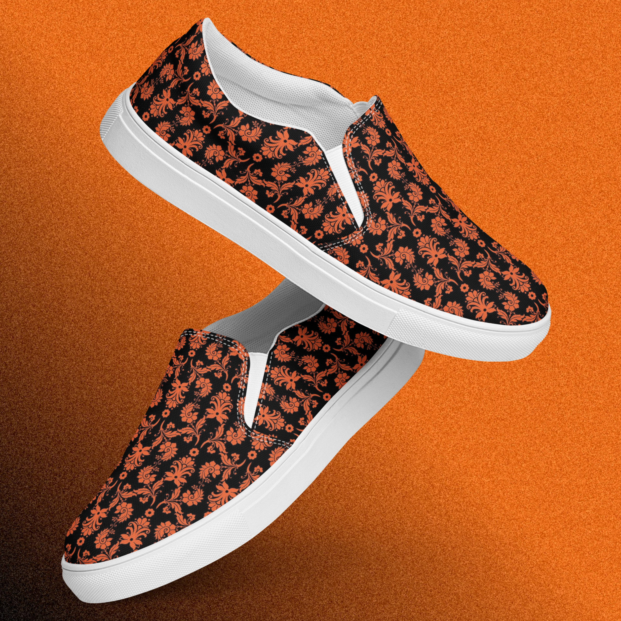 Drama Pattern – Women’s Orange & Black Damask Slip-On Shoes