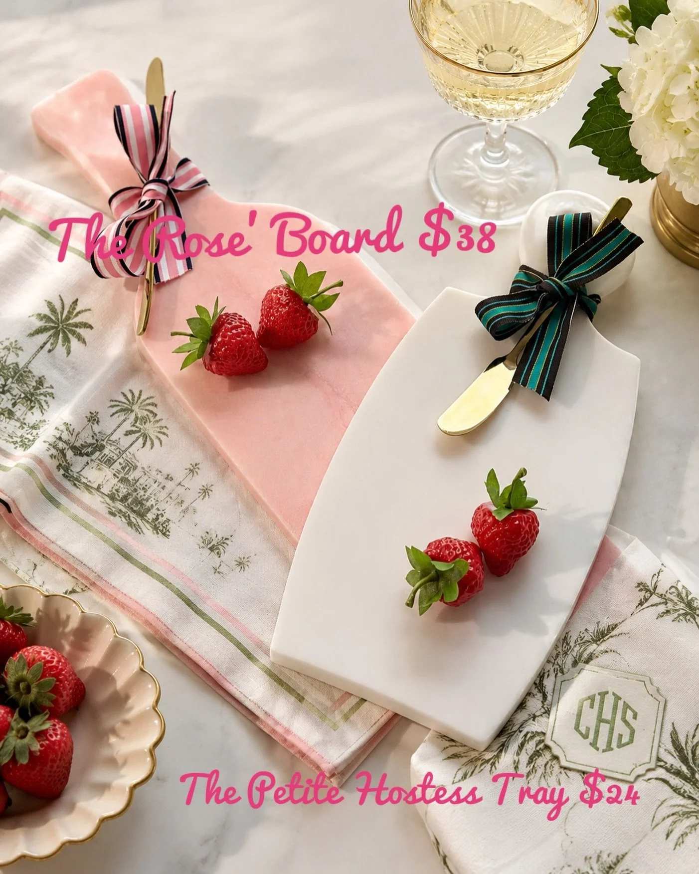 Just bringing these out a little early but couldn&rsquo;t wait! These were designed with you in mind! Lightweight, functional and very versatile.  Meet our newest hostess favorites:
🌸 The Ros&eacute; Board &mdash; $38
🤍 The Petite Hostess Tray &mda