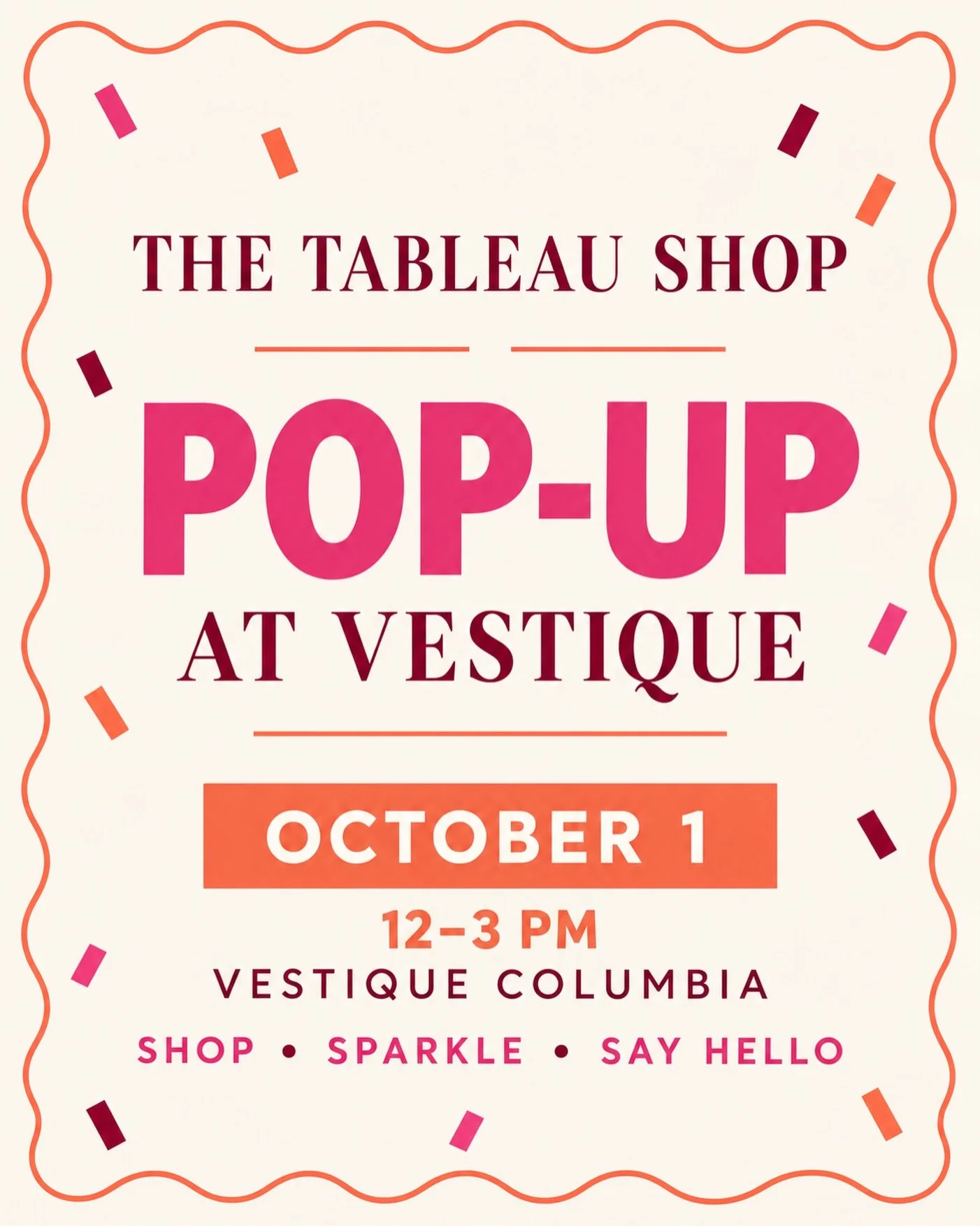 Columbia, we&rsquo;re popping up! 🎉✨

Come shop The Tableau Shop at Vestique Columbia on October 1 from 12&ndash;3 PM! We&rsquo;ll have plenty of colorful, sparkly pieces ready for gifting, entertaining&mdash;or keeping for yourself. Adding a little