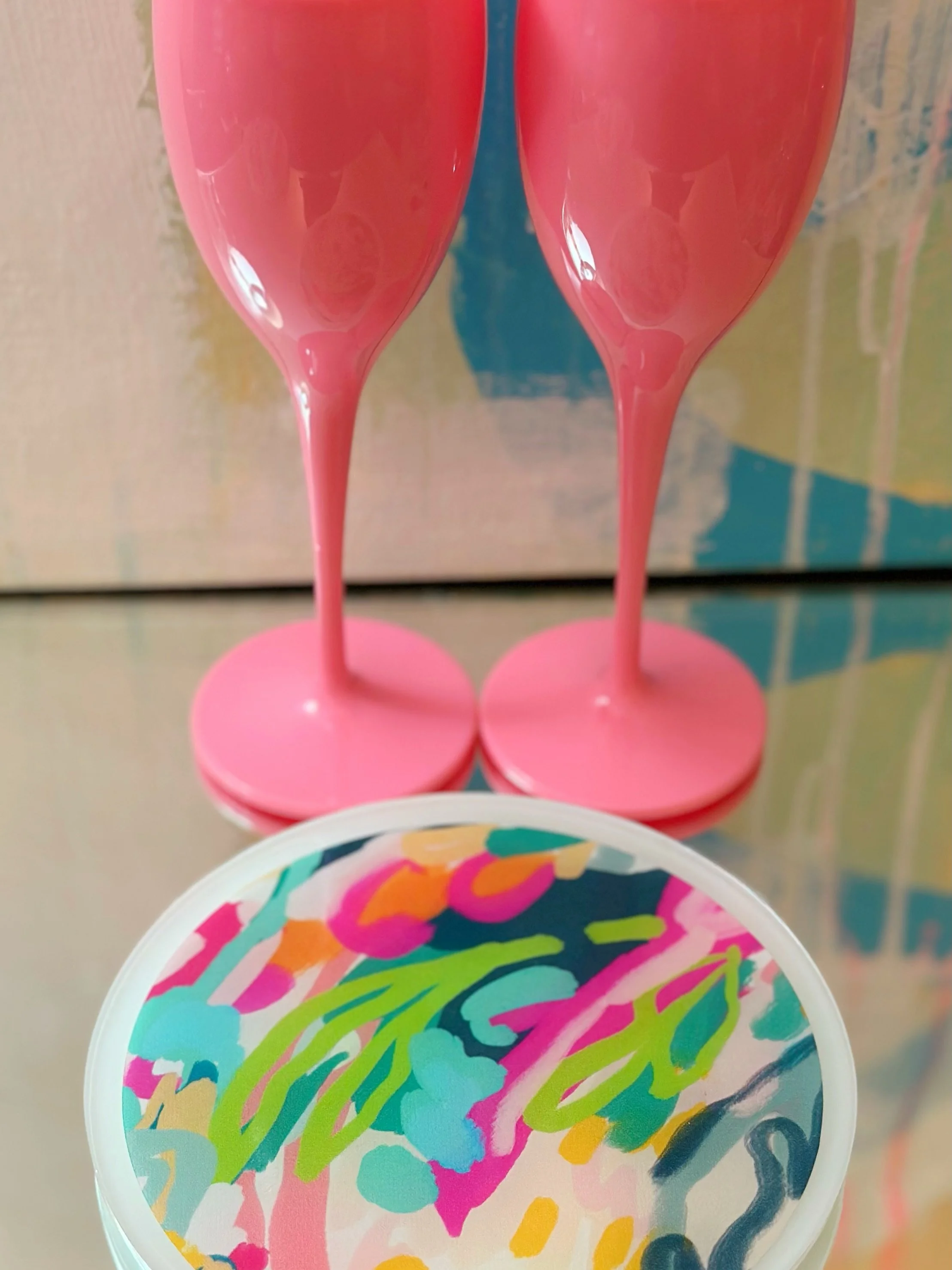 The party is wherever you take it. 💕🥂

Meet Party To Go: two pink wine glasses and a colorful handmade wine bottle coaster, bundled for gifting and comes with a cute pink gift bag. Pair it with your favorite bottle and you&rsquo;ve got a hostess gi