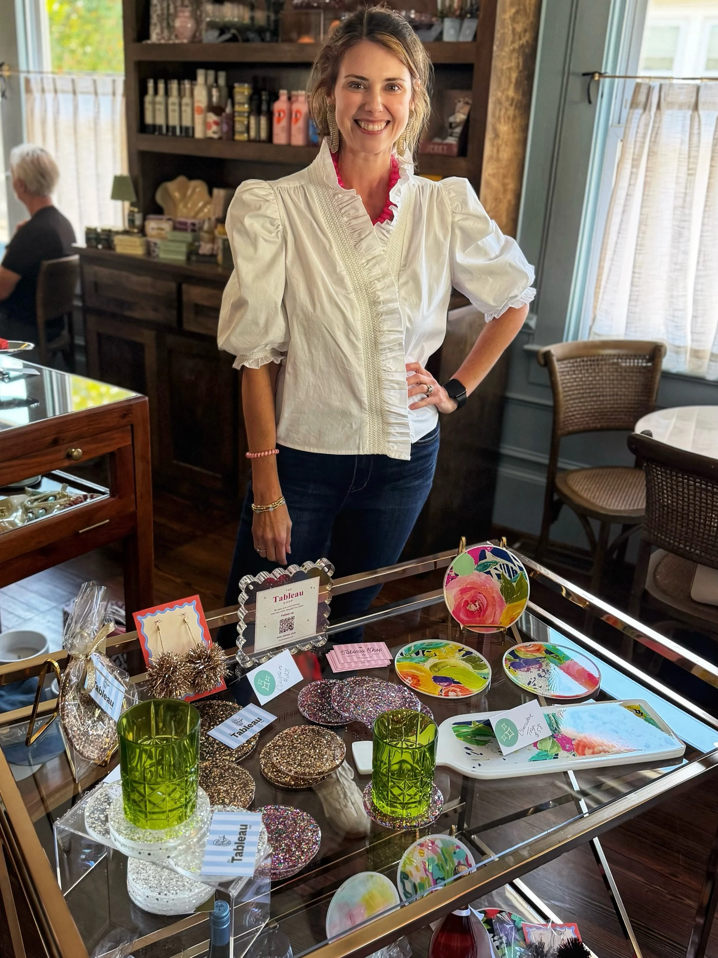 Fun pop-up yesterday @honeymarketco . Got to play with some cool 🥂glasses and get my coffee fix ☕️. Thanks to Grace again for allowing me to try out my new bar cart display-first time ever. I think it&rsquo;s going places. 😉