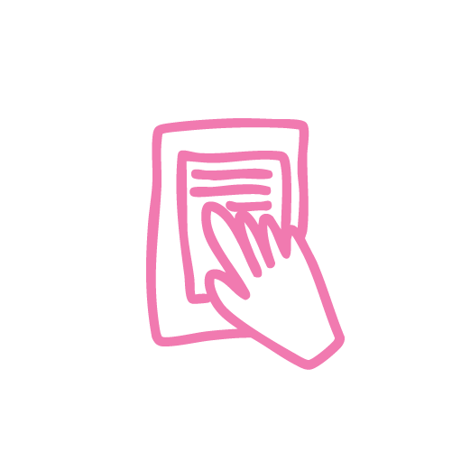 Ein pinkfarbener Finger tippt auf ein Dokument oder Formular auf einem Bildschirm, Symbol für digitales Ausfüllen oder Zustimmung.