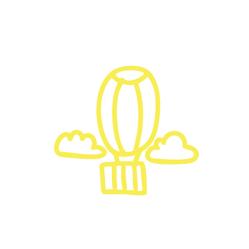 Ein gelb gezeichneter Heißluftballon in einer Handzeichnung auf schwarzem Hintergrund, umgeben von Wolken.