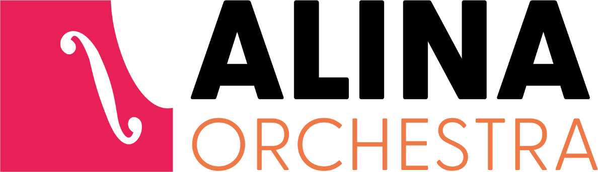 Orchestra logo featuring a pink violin scroll silhouette and orange “ORCHESTRA” text on a black background